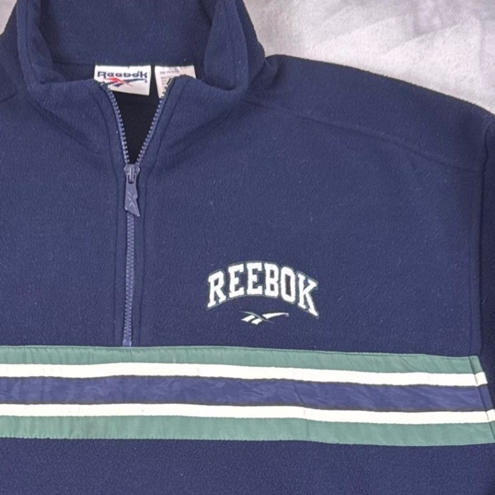 Vintage‎ Reebok Quarter Zip Fleece Pullover  Mens Size M Navy Blue Striped Logo*
